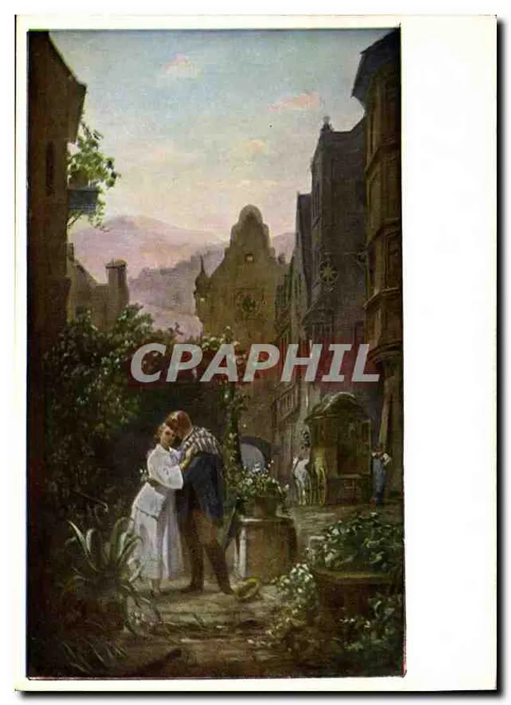 Ein Paar, das sich küsst — Straßenszene mit Gebäuden und Bergen — F. A. Ackermanns Kunstkalender, München - Vorderseite