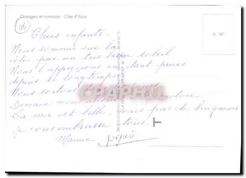 Laranjeiras e mimosa — Côte d'Azur — editor La Poste, n° 187 - Verso