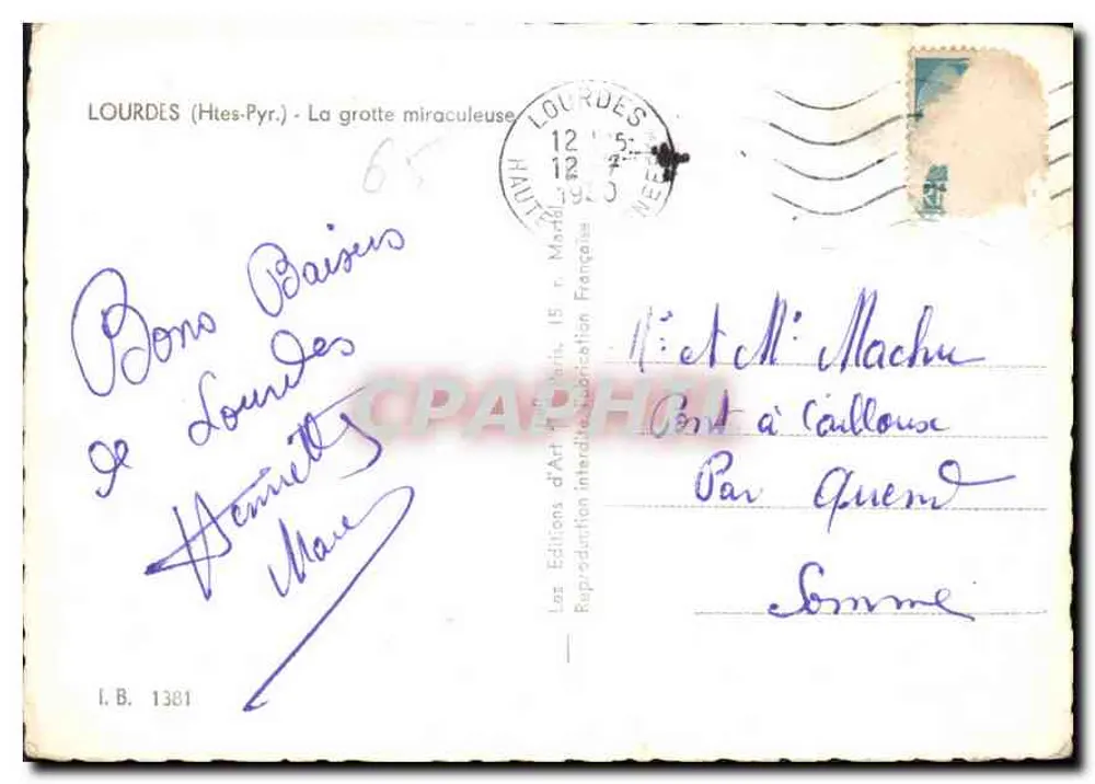 Lourdes (Altos-Pirineus) - A gruta milagrosa — Edições d'Art, Paris, n° 1381 - Verso