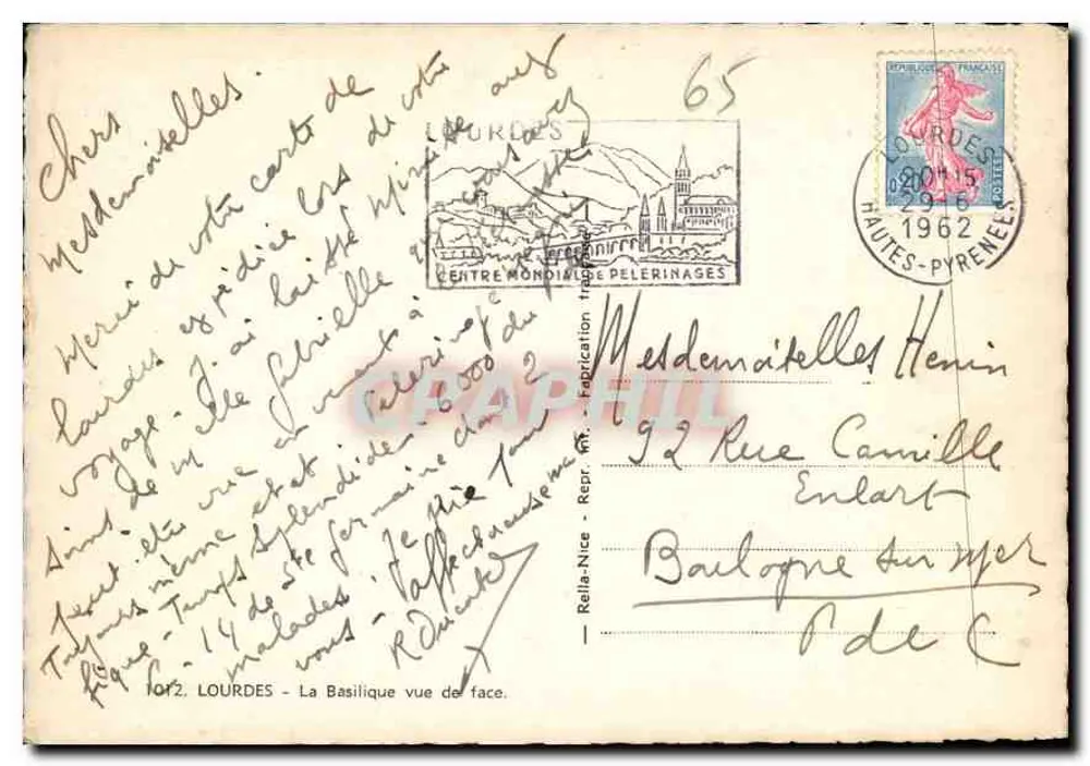 Lourdes — Widok na bazylikę z przodu — Wydawnictwo Lourdes, nr 65 - Rewers