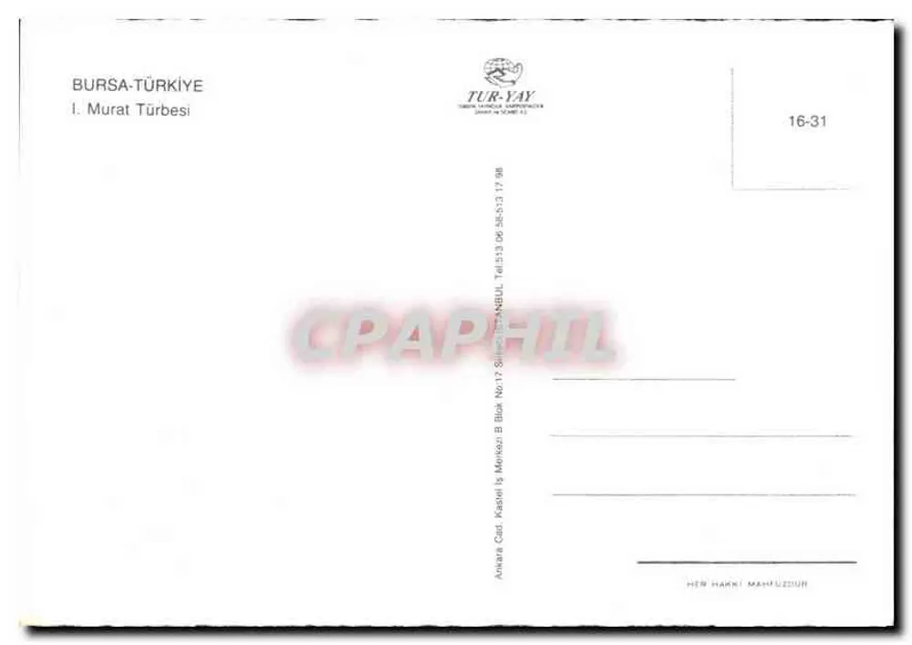 Túmulo de I. Murat — Bursa, Turquia — editor TUR-YAY, n° 16-31 - Verso