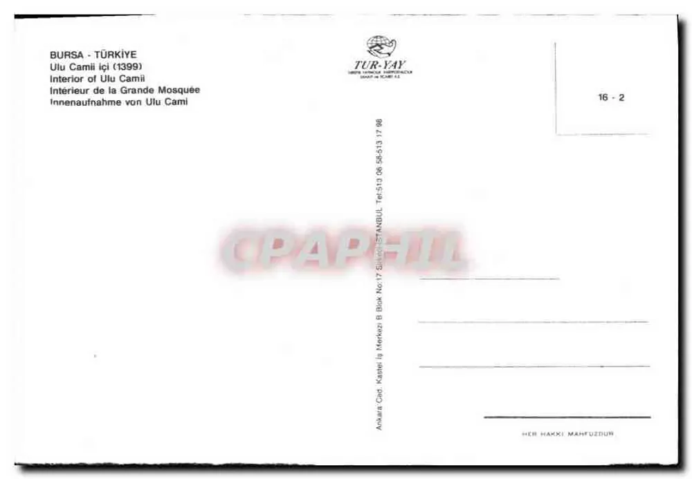 Innenansicht der Großen Moschee von Bursa — Bursa, Türkei — Verlag TUR-YAY, Nr. 16-2 - Rückseite