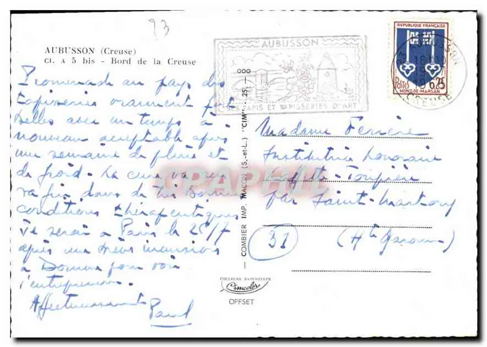 Aubusson (Creuse) — margem da Creuse — Combier (S.-et-L.) - Verso