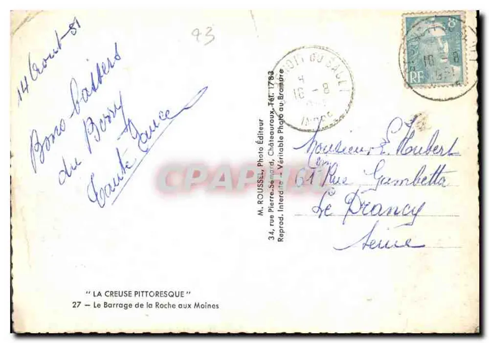Der Staudamm von La Roche aux Moines — Die malerische Creuse — M. ROUSSEL, Châteauroux - Rückseite