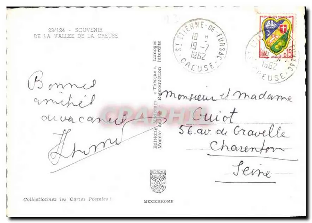 Vallée de la Creuse — paysages et village — Éditions Diplomie, Limoges, n° 23/124 - Achterkant