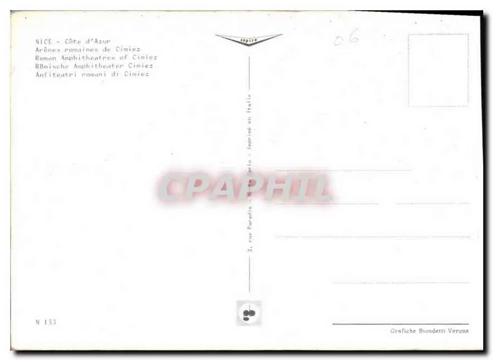 Arenas romanas de Cimiez — Nice, Costa Azul — editor Grafiche Biondetti Verona, n° 153 - Verso
