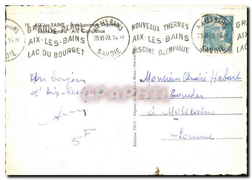 Hôtel Cantinier — Aix-les-Bains — Éditions TÉLÉ - Rückseite