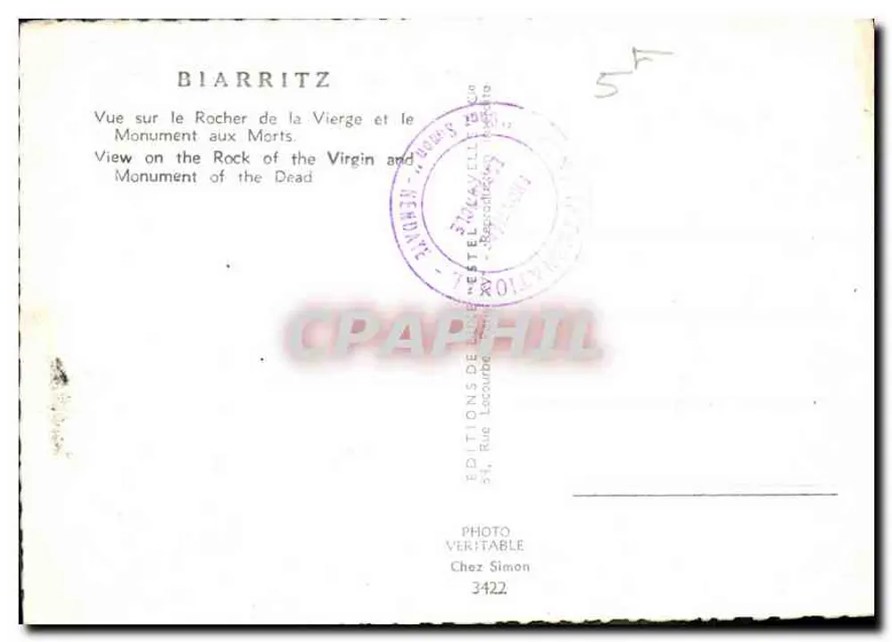 Biarritz — Ansicht des Felsen der Jungfrau und des Kriegsdenkmals — Verlag Estel - Rückseite