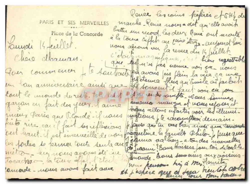 Place de la Concorde — Paris — editor Paris et ses merveilles, n° 737 - Verso
