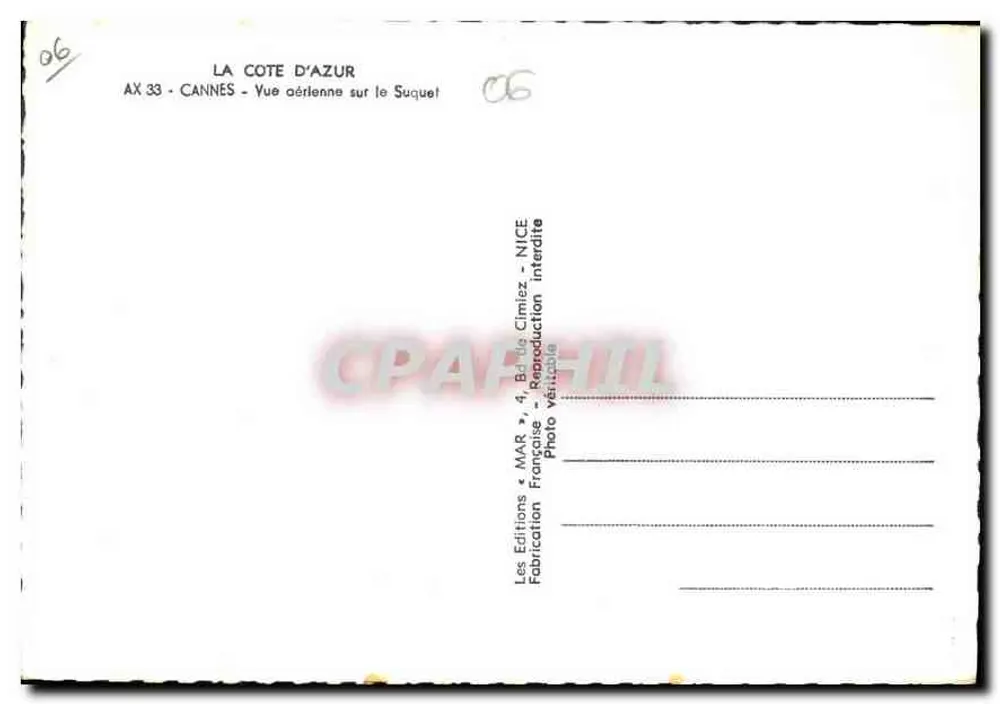 Cannes — Luftbild des Suquet — Les Editions MAR, 4, Rue du Climiez, Nice - Rückseite