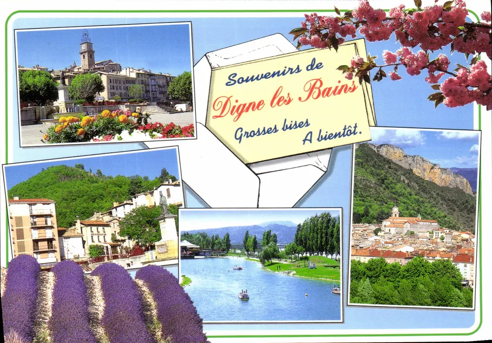 Digne-les-Bains — Ricordi di Digne les Bains — Grossi baci A presto. — Edizione Alliance Carte Postale - Recto