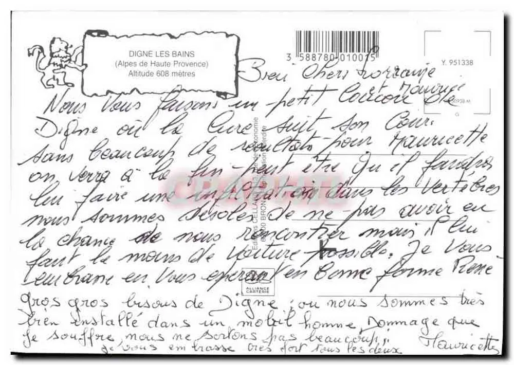 Digne-les-Bains — Ricordi di Digne les Bains — Grossi baci A presto. — Edizione Alliance Carte Postale - Verso