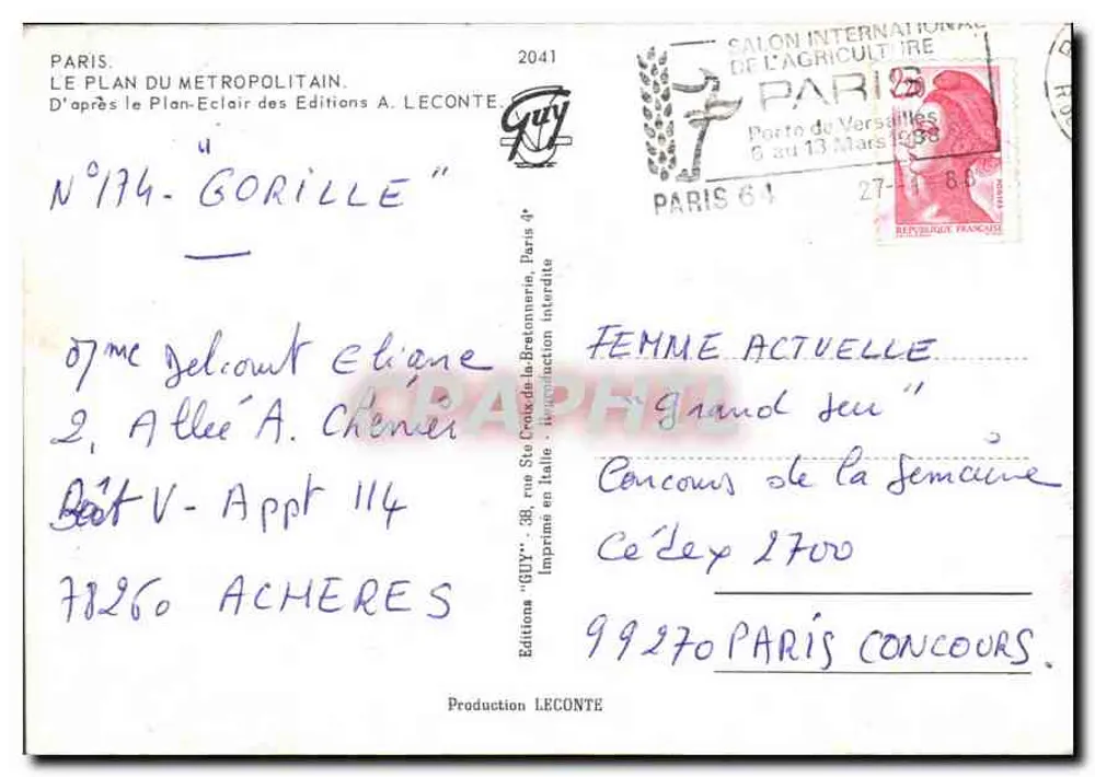 Plano do Metropolitano — Paris — Éditions A. Leconte, n°174 "Gorilla" - Verso