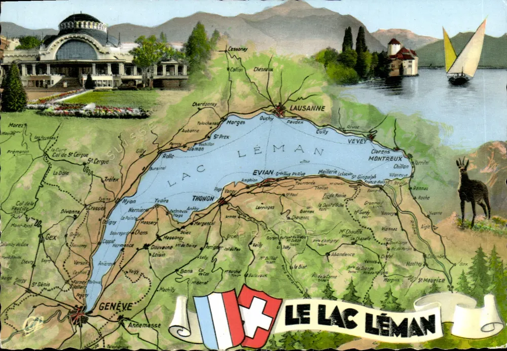 O Lago Léman — carta postal ilustrada com mapa geográfico e paisagens — 64 - Frente