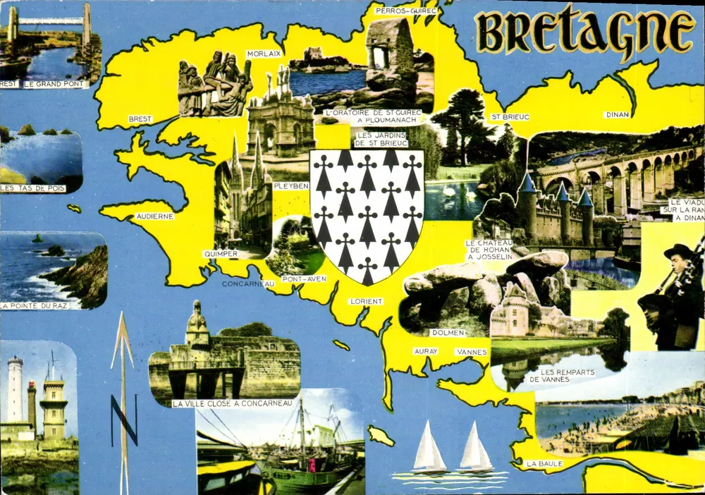 Bretagne — Touristische Ansichtskarte mit Karte und Vignetten — Éditions d'Art 'Brezagne' - Vorderseite