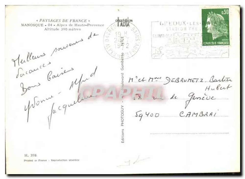 Manosque — Allgemeiner Blick, Tor Saunerie, Straße Grande, Lavendelfeld — Editions ADIA, H. 398 - Rückseite