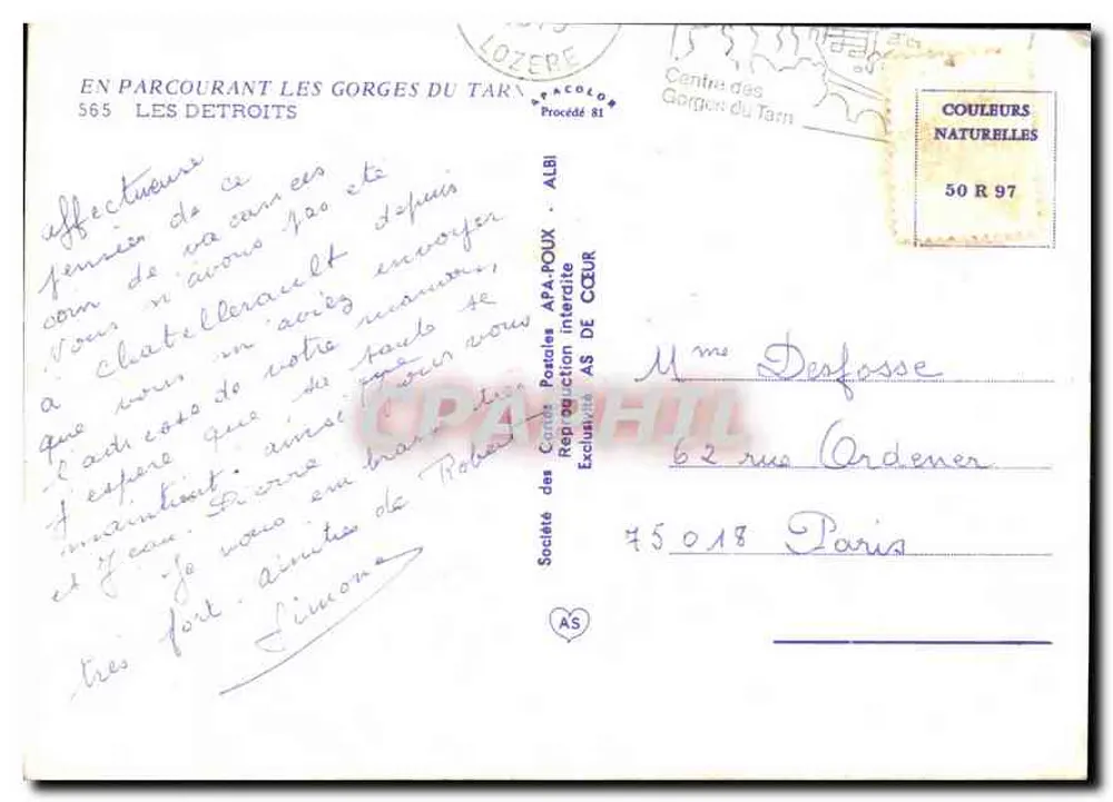 Las Gorges du Tarn — vista de los estrechos — Sociedad de Tarjetas Postales APA-POUX - Reverso