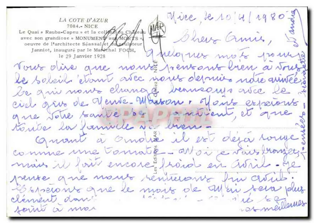 Der Quai Rauba und das Kriegsdenkmal in Nizza — Verleger nicht angegeben, Seriennummer nicht sichtbar - Rückseite