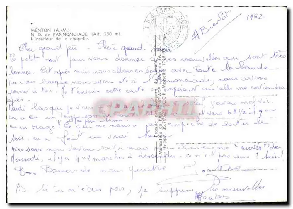 Innenansicht der Kapelle Annocciade — Menton — unbekannter Verlag, Seriennummer nicht sichtbar - Rückseite