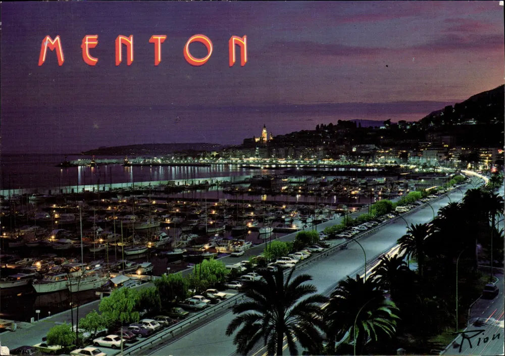 Menton — Allgemeiner Blick, bei Nacht — Verlag A. Rion, 18, rue Raiberti, Nice - Vorderseite
