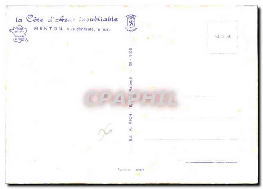 Menton — Allgemeiner Blick, bei Nacht — Verlag A. Rion, 18, rue Raiberti, Nice - Rückseite