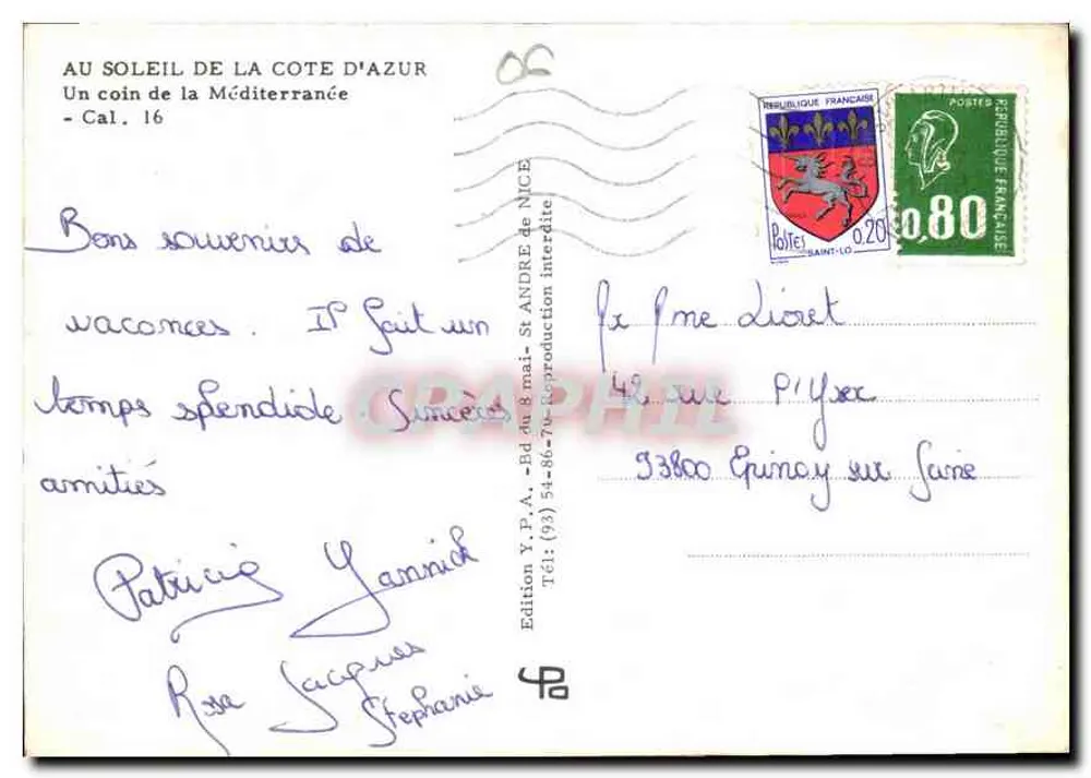 Vue de la Côte d'Azur — Un coin de la Méditerranée — Cal. 16 — Édition Y.P.A. - Verso