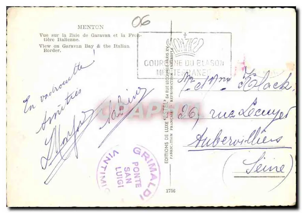 Menton — Ansicht der Bucht von Garavan und der italienischen Grenze — Verlag Étal - Rückseite