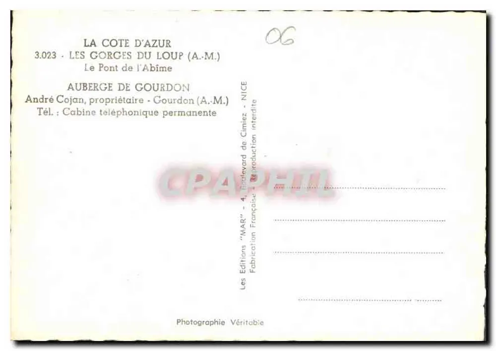Les Gorges du Loup — Le Pont de l'Abime — Éditions 'M.A.R.' - Verso
