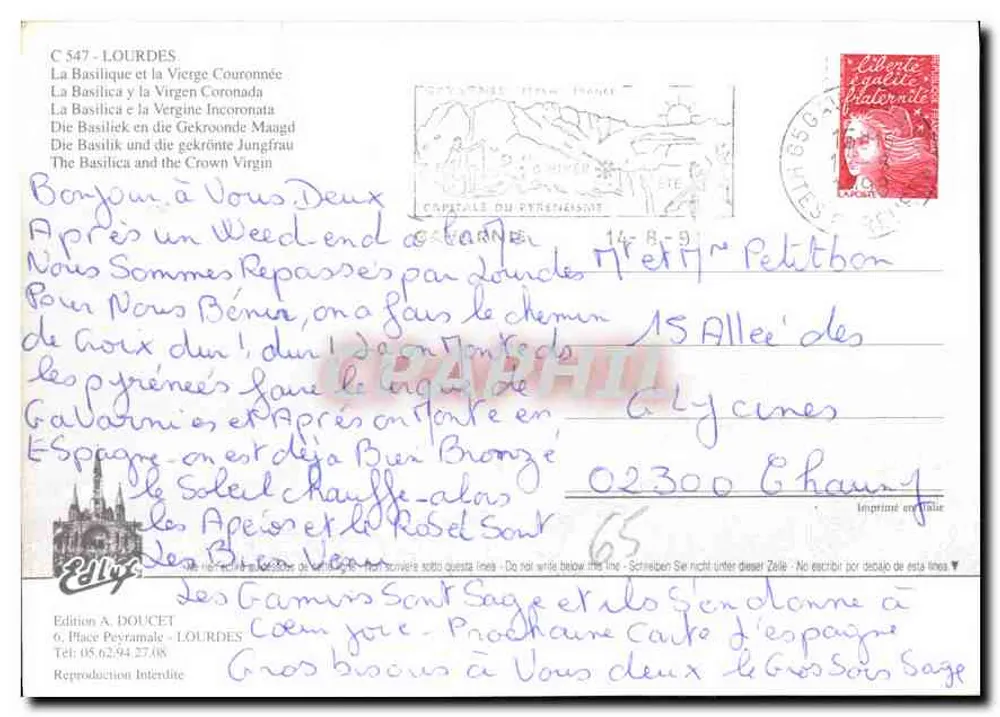 Lourdes — Basílica Nossa Senhora da Compasião — Edição A. Doucet - Verso