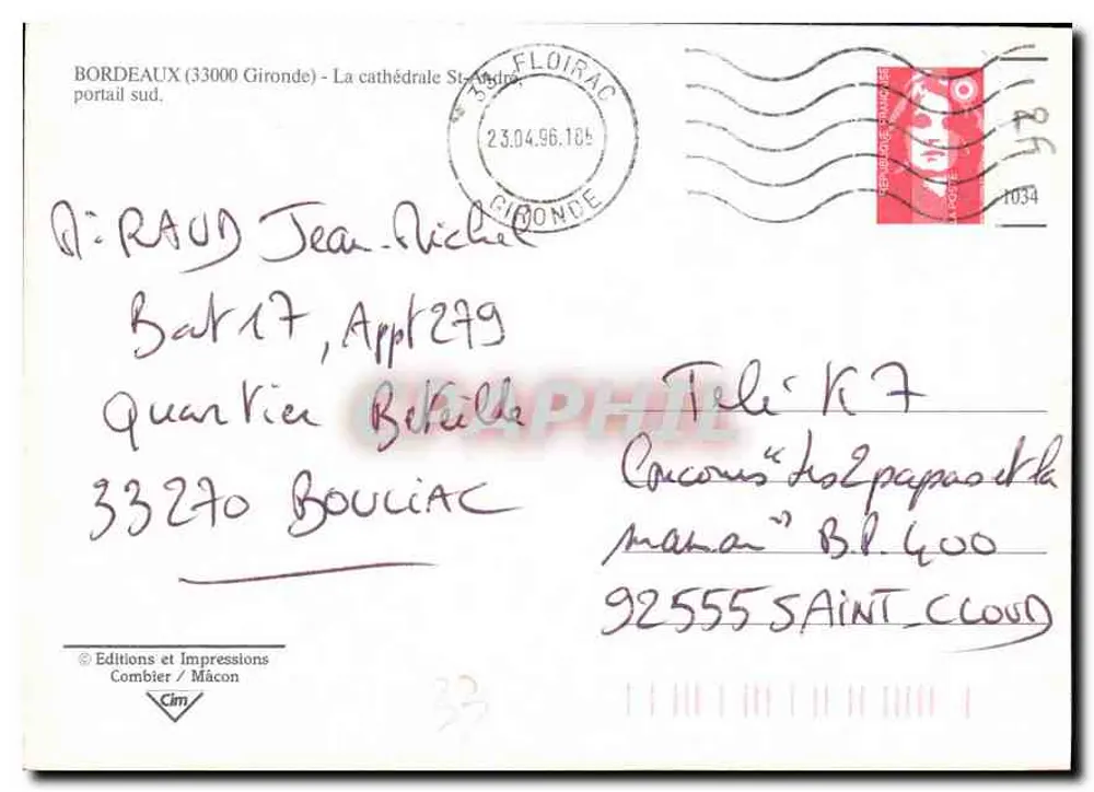 Bordeaux — Catedral de São André — Edições e Impressões Combier / Mâcon - Verso