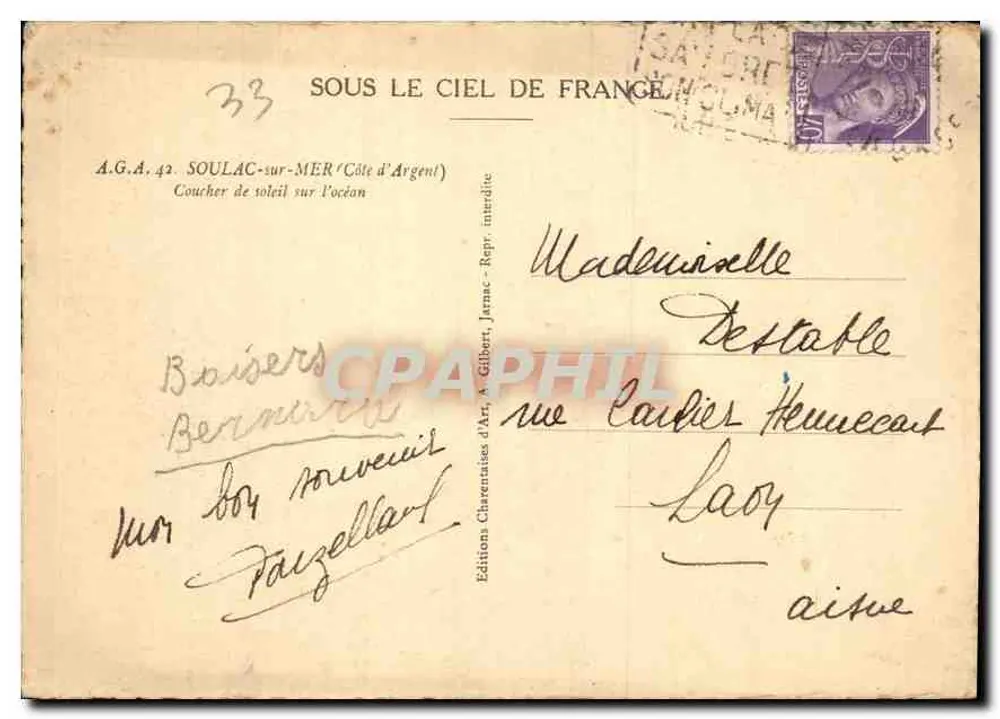 Sonnenuntergang über das Meer — Sous le Ciel de France — A.G.A. 42, SoulaC-sur-MER (Côte d'Argent) — Éditions Charentaises d'Art, A. Gilbert, Jarnac - Rückseite