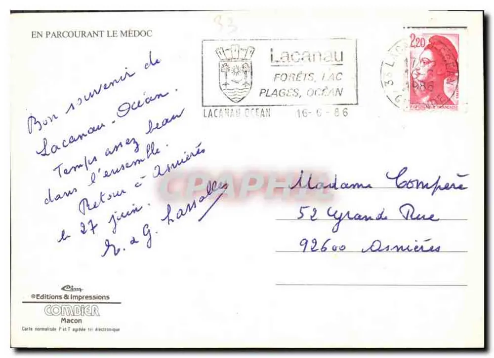 Enquanto percorremos o Médoc — Carta postal turística — Edições & Impressões Combier, Macon - Verso