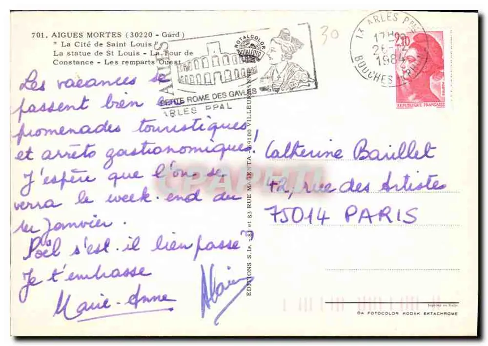 Aigues Mortes — Estátua de São Luís, Torre de Constança, muralhas — Edições S.I.A. n° 701 - Verso