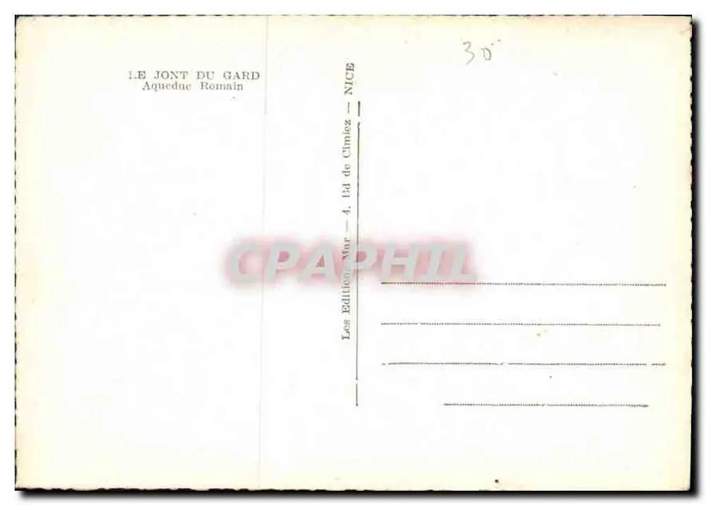 Pont du Gard — aqueduc romain à trois niveaux — éditeur IMPRIMÉ SUR LA CARTE : Les Éditions Mar - 4, 13d de Cimiez - NICE - Verso
