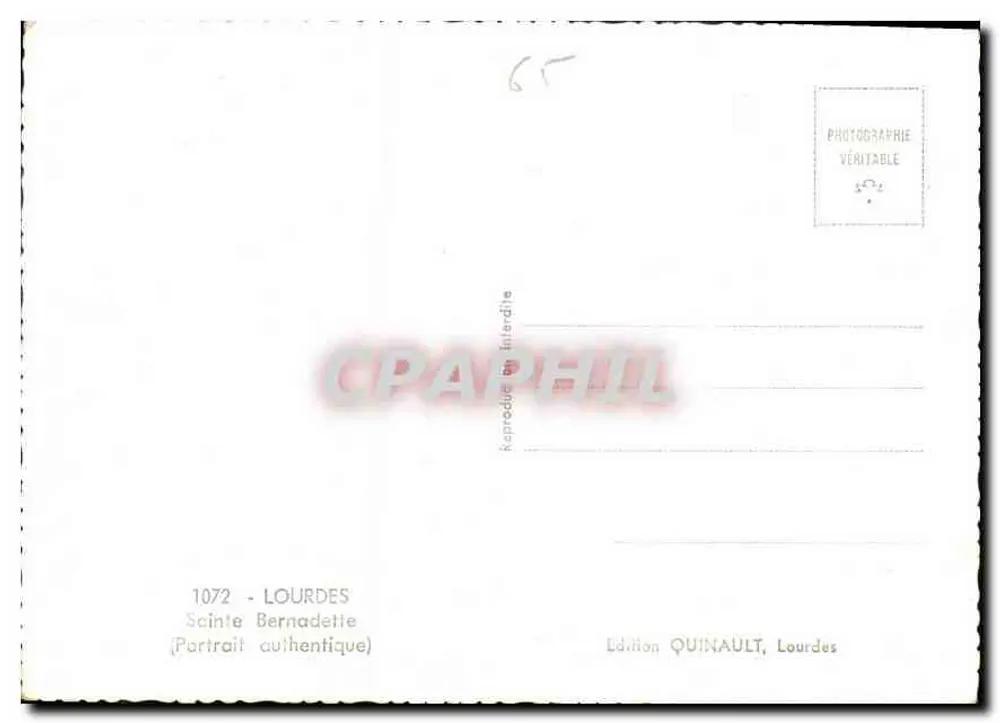 Santa Bernadette Soubirous — Retrato autêntico — Edição Quinault, Lourdes, n° 1072 - Verso