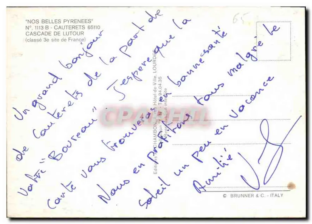 Cachoeira de Lutour — Cauterets — Editor Brunner & C. - ITALY, N° 1113 B - Verso