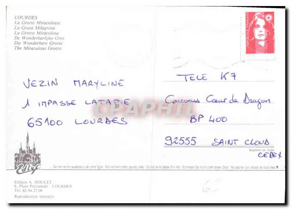 Lourdes — Gruta Milagrosa — Edição A. Doucet - Verso