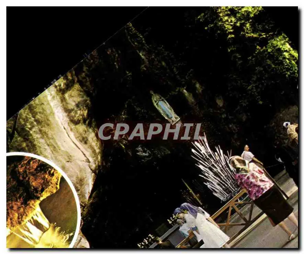 A Grotta de Lourdes — Vista noturna com estátua de Nossa Senhora — Ed. Gep Poubel, 65100 Lourdes - Frente