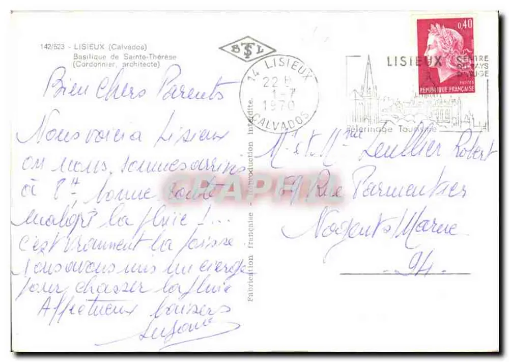 Basílica de Santa Teresinha — Lisieux — editor Greff, n° 142/523 - Verso