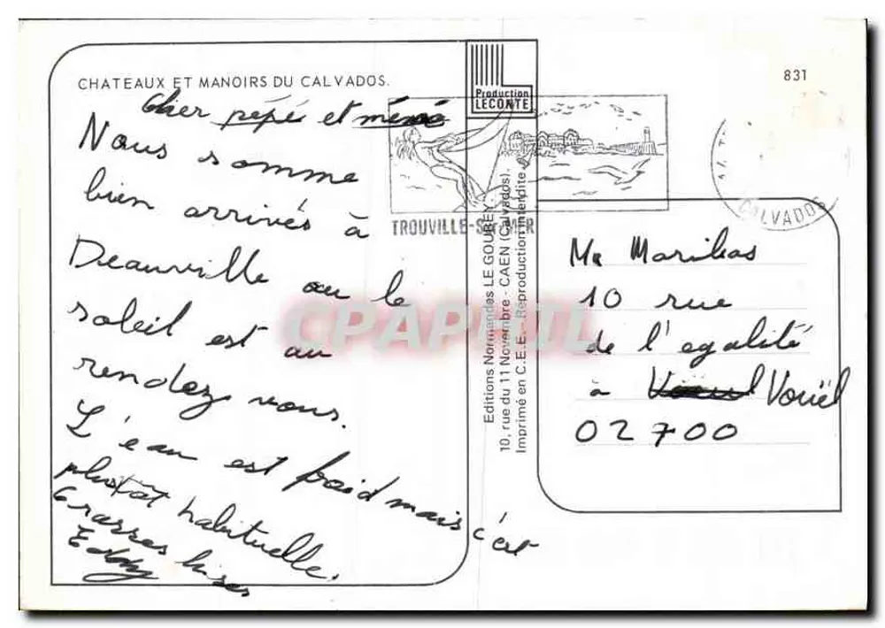 Castelos do Calvados — Fontaine Henry, Creully, Coupesarte, Brecy, St-Germain de Livet, Balleroy, Falaise, Bellou — Editor Leconte, n°831 - Verso