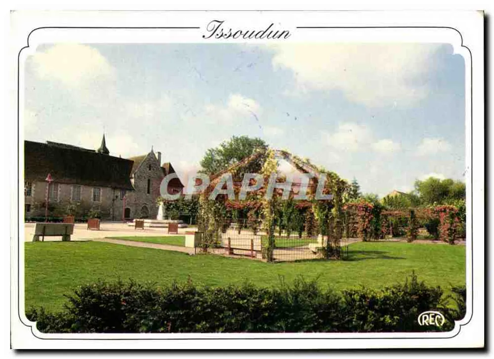 Issoudun — vista do square com pergola e igreja — Éd. Roussel - Frente
