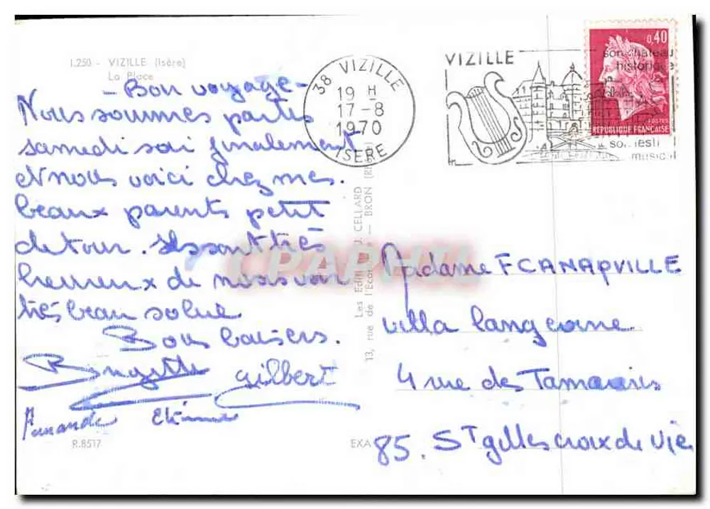 Vizille — Praça do Castelo com a Banca Nacional e o monumento aos mortos — Bilhete postal antigo da Série 'Les Petits Châteaux de France' - Verso