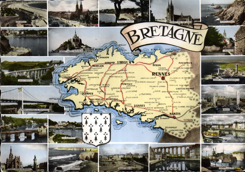 Bretanha — carta postal panorâmica com mapa e vignettes — Éditions Gaby, Nantes - Frente