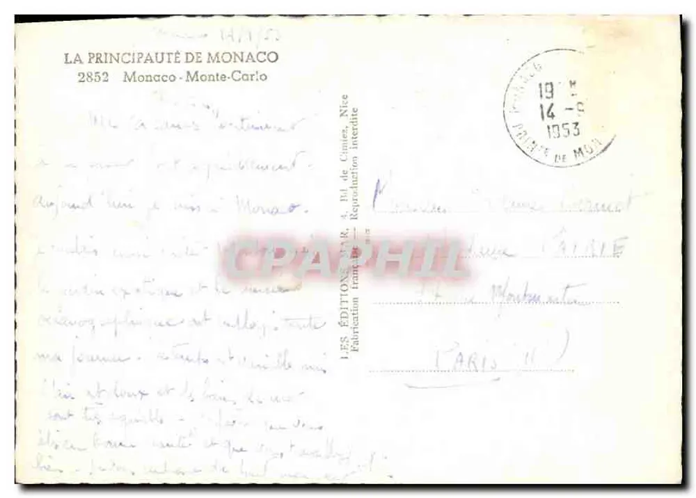 Mônaco — Monte-Carlo — Vista panorâmica e do Casino — Editor Les Éditions Mar, N° 2852 - Verso