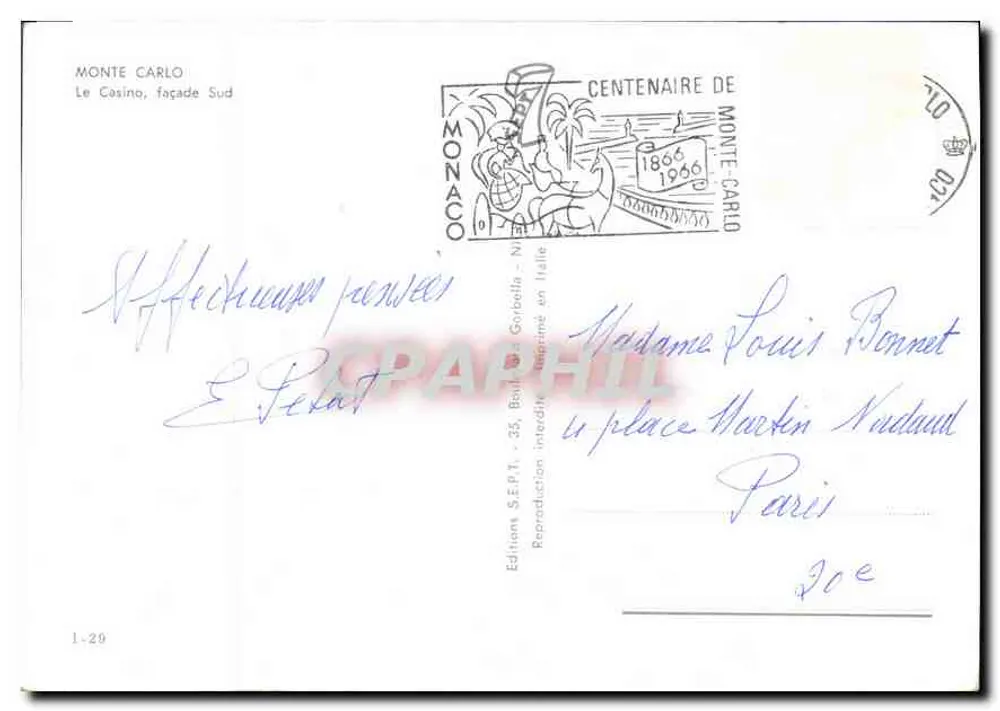 Monte-Carlo — O Casino, fachada Sul — Éditions S.E.P.T. - 35, Boulevard Gorbella, na Itália - Verso