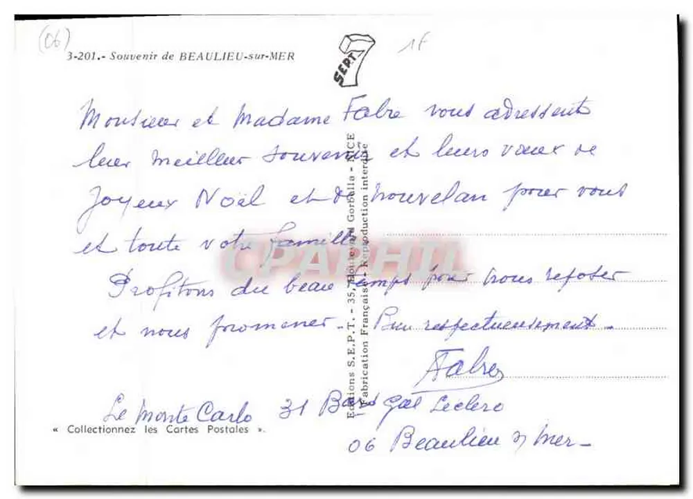 Mimosa em flor — Lembrete de Beaulieu-sur-Mer — Edições S.E.P.T. n°3-201 - Verso