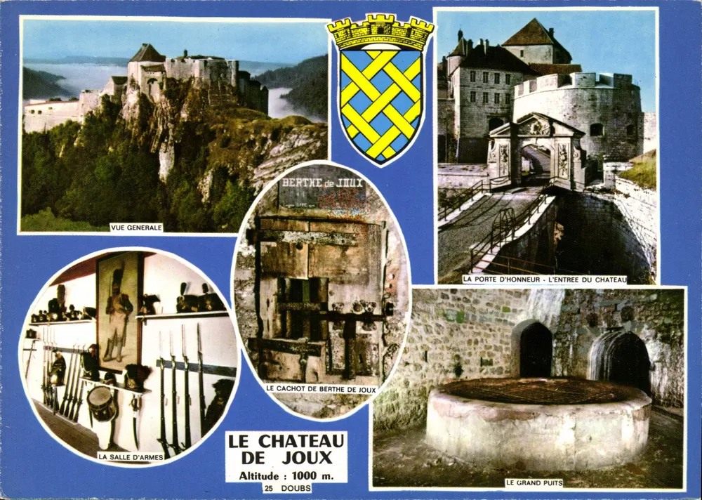 O Castelo de Joux — Vista geral, porta de honra, cela, sala de armas, grande poço — editor Combier Impressor Mâcon - Frente