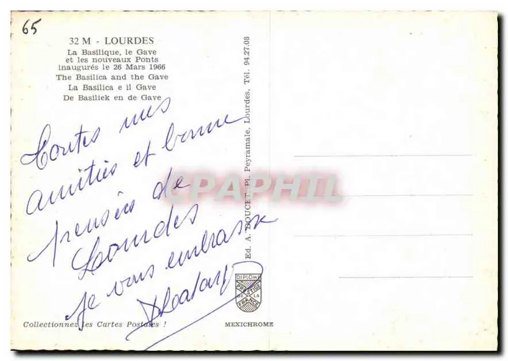 Lourdes — Die Basilika, der Gave und die neuen Brücken — Éd. A. DOUCET, n°65 - Rückseite