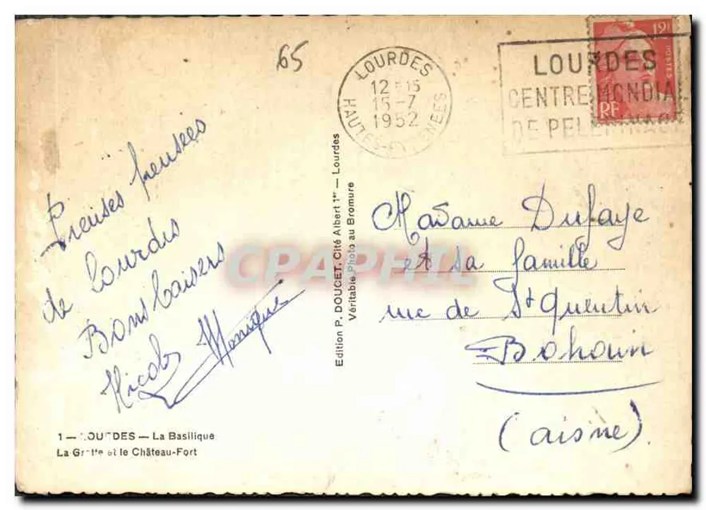 Lourdes — Erinnerung an Lourdes — Ausgabe P. DOUCET, Cité Albert 1er, Lourdes - Rückseite