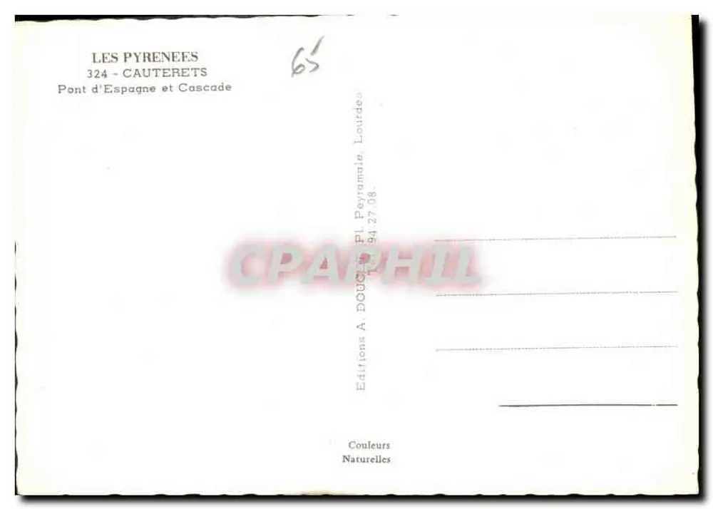 Ponte da Espanha e Cachoeira — Cauterets, Pirineus — Edições A. Doucet, Lourdes - Verso